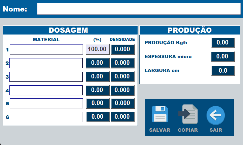 Tela de cadastro de receita do Gravin Mix, com até 6 materiais, densidade e dados de produção